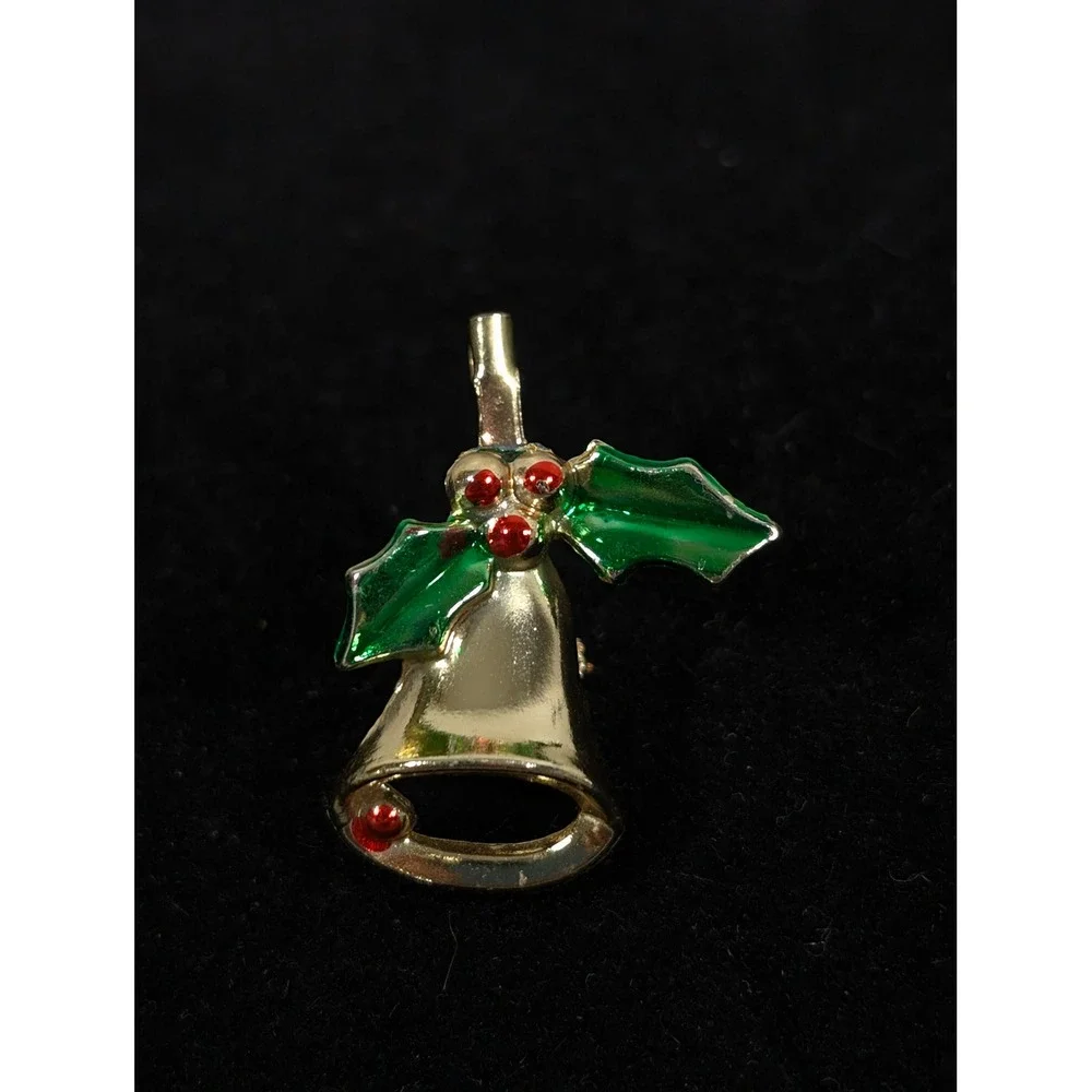 Vintage Christmas Bell Brooch Gold‎ Tone Holly Holiday Pin Retro